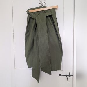 🫒 JCrew size 8P Olive Green Wrap Skirt with tie belt waist Cotton knee length